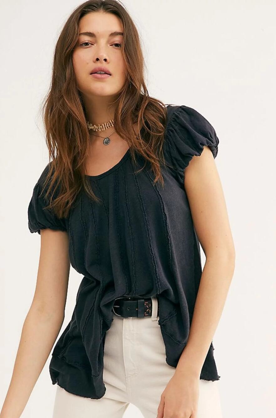 Free People NEW STAR Slub Linen Cotton Relaxed Fit Tee Top Blouse Black Size M